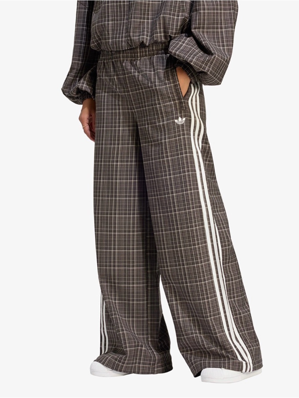 NWT adidas Originals Check Plaid Wide-Leg Track Pants in Night Brown